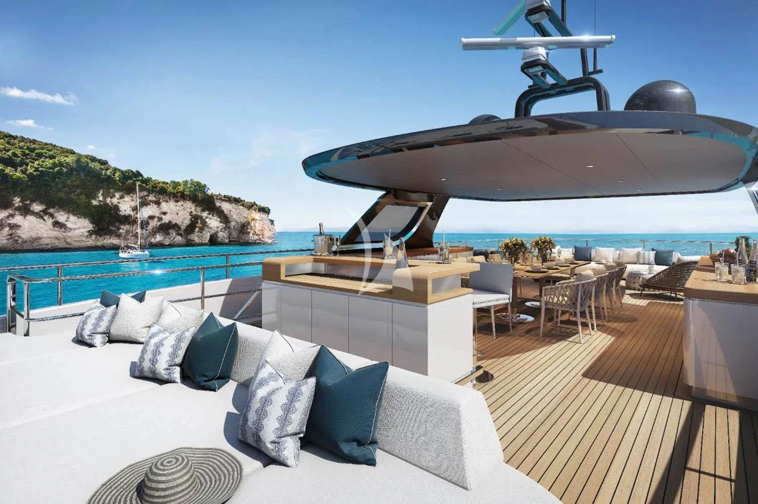 a large boat on a body of water with a helicopter flying over it aboard TOSUN Yacht for Sale