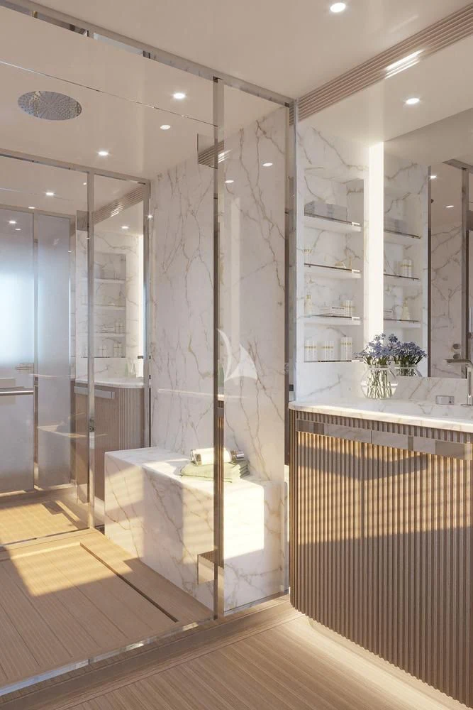 a bathroom with a glass shower aboard TOSUN Yacht for Sale