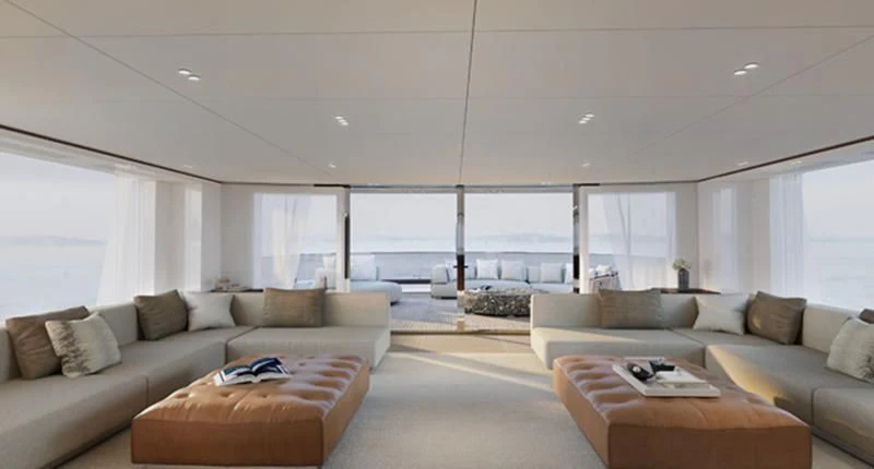 a living room with a large window aboard TOSUN Yacht for Sale