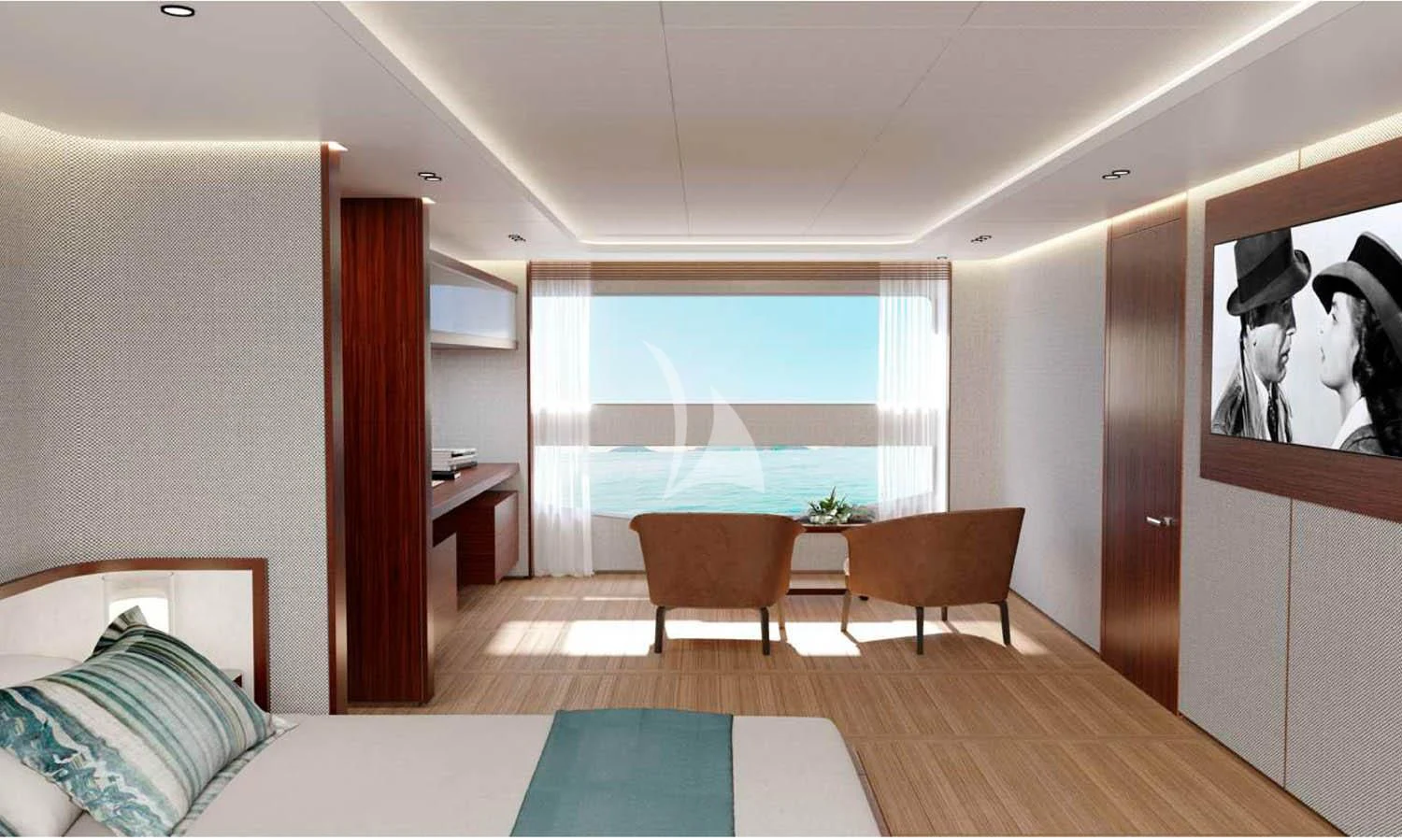 a room with a table and chairs aboard TOSUN Yacht for Sale