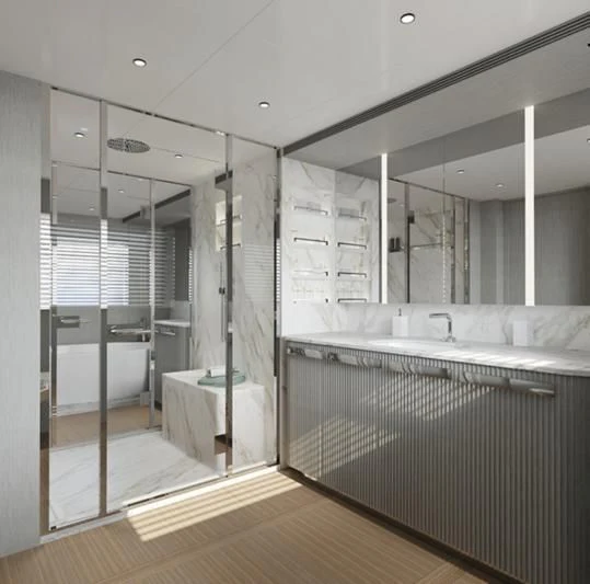 a large bathroom with glass walls aboard TOSUN Yacht for Sale