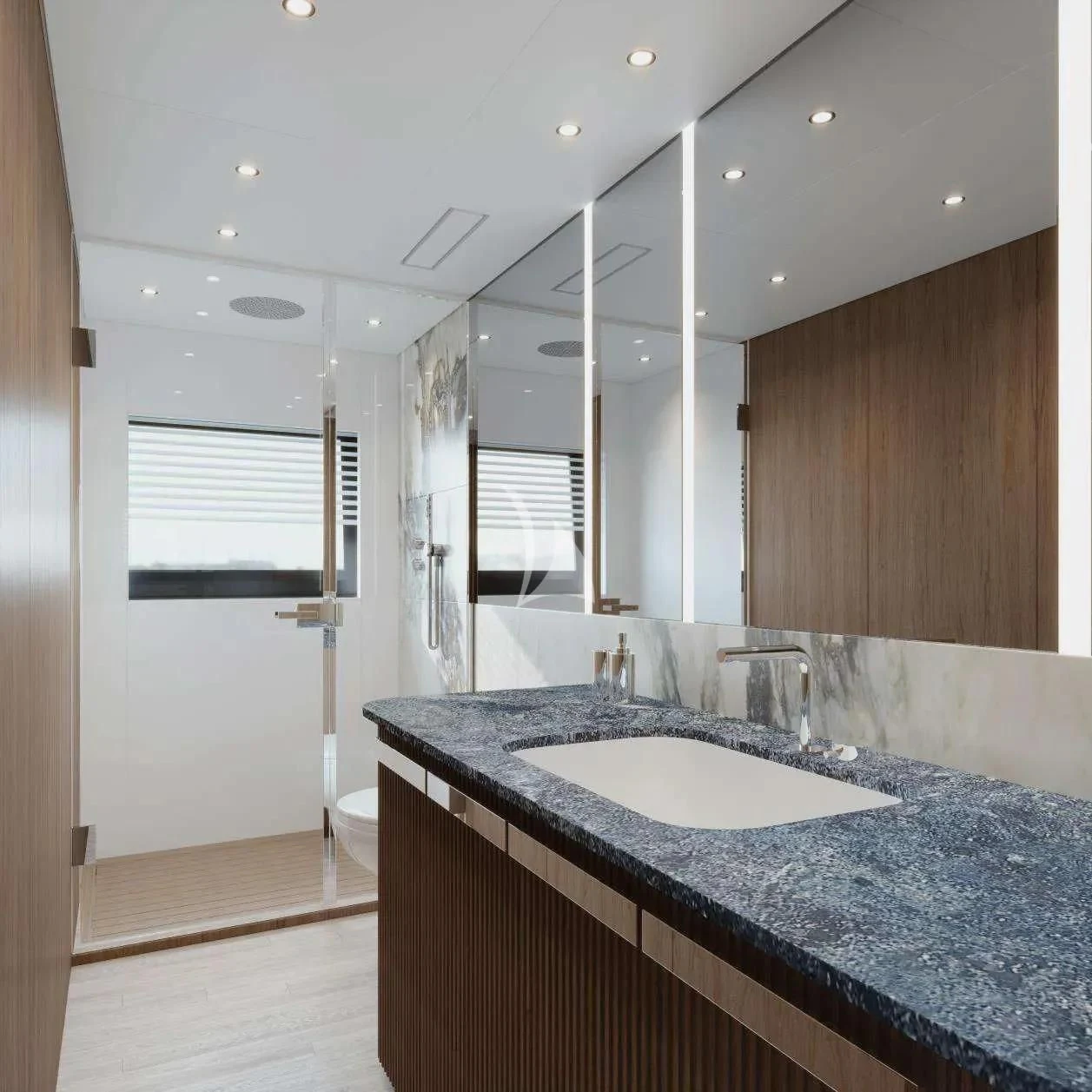 a bathroom with a large countertop aboard TOSUN Yacht for Sale