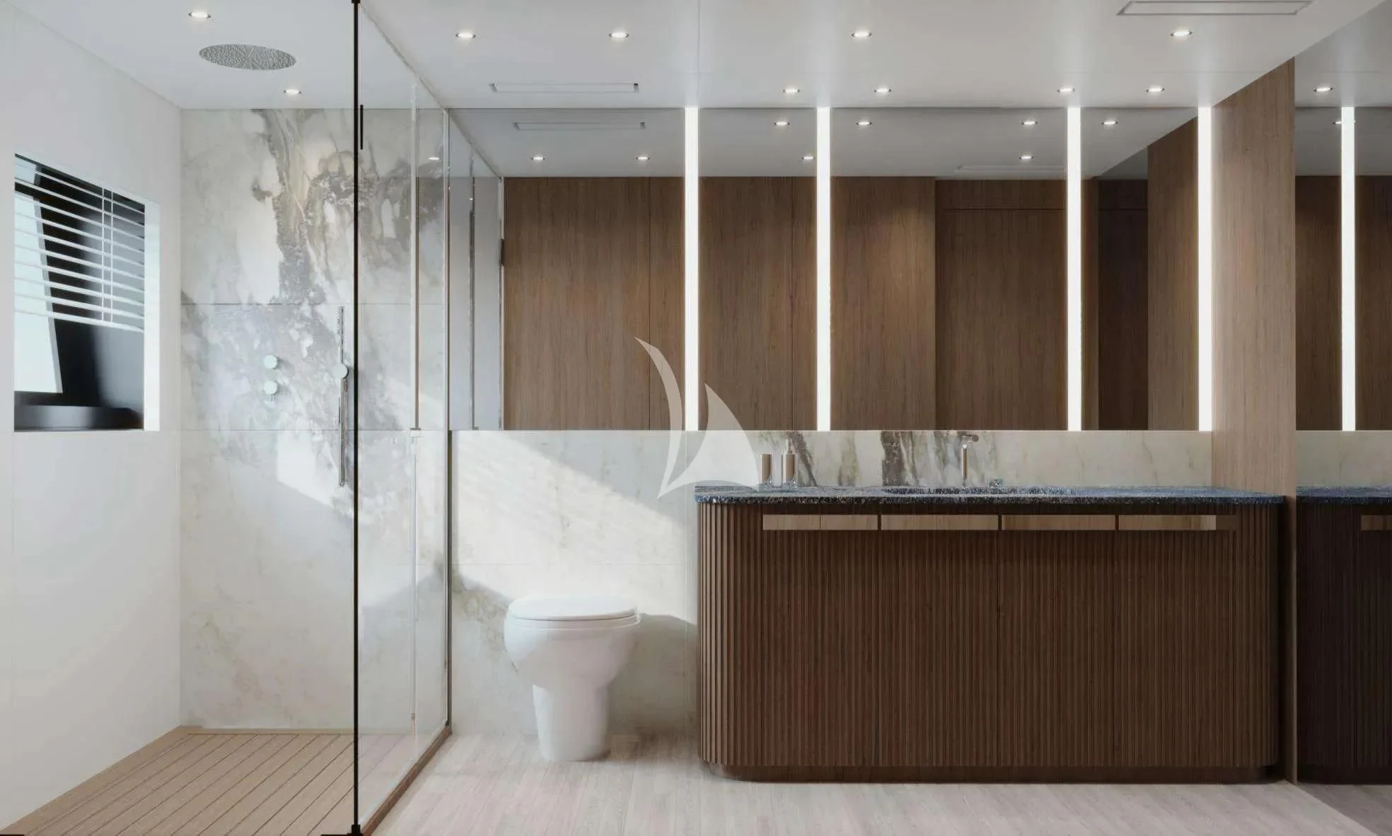 a bathroom with a glass shower aboard TOSUN Yacht for Sale