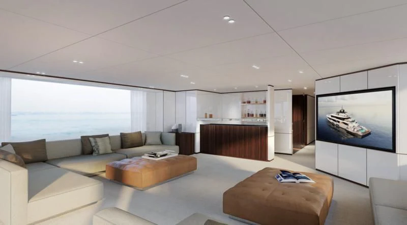 a living room with a large window aboard TOSUN Yacht for Sale
