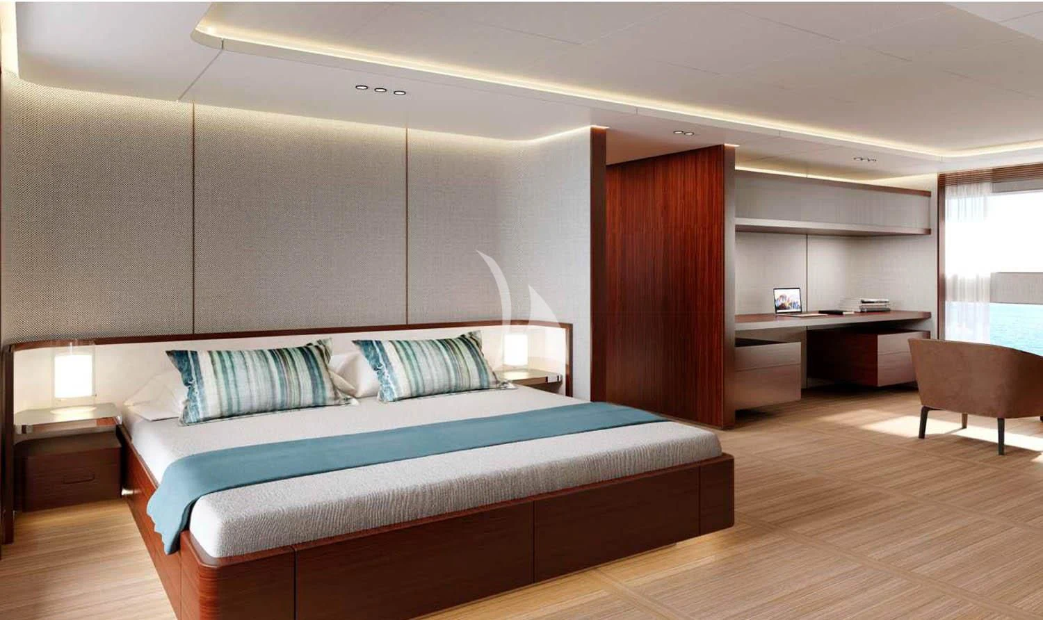 a bedroom with a bed and desk aboard TOSUN Yacht for Sale