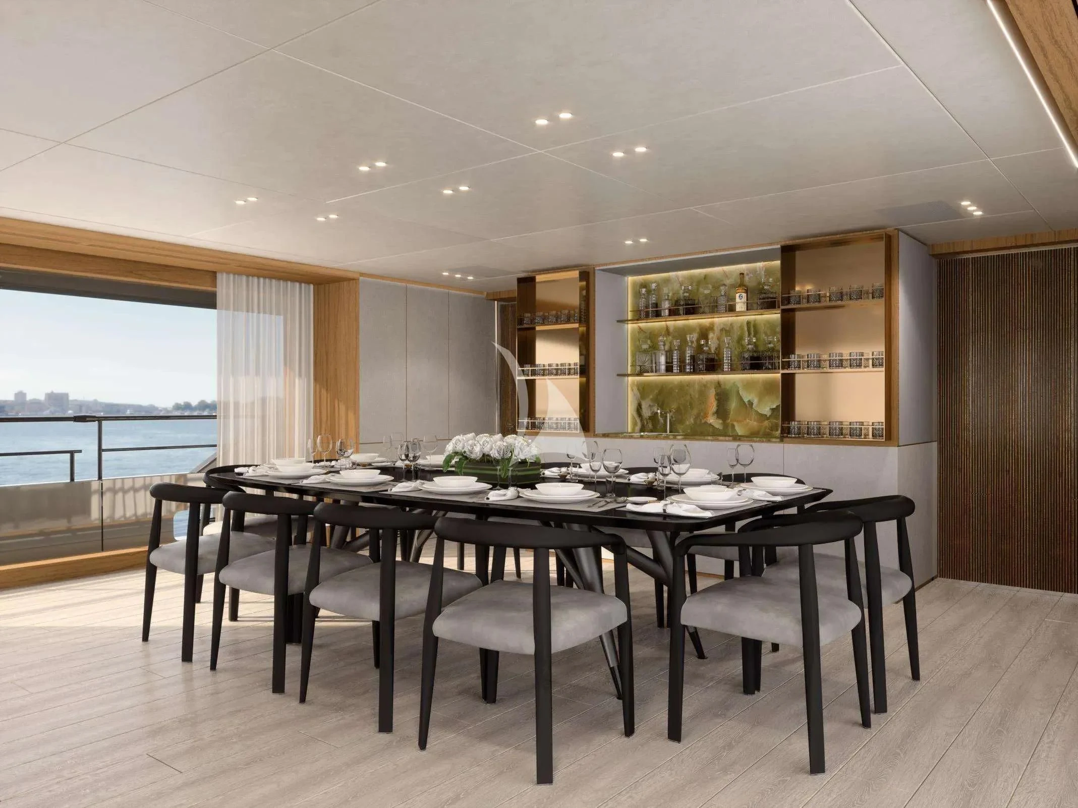 a dining table in a room aboard TOSUN Yacht for Sale