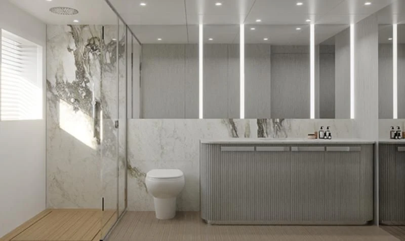 a bathroom with a glass shower aboard TOSUN Yacht for Sale