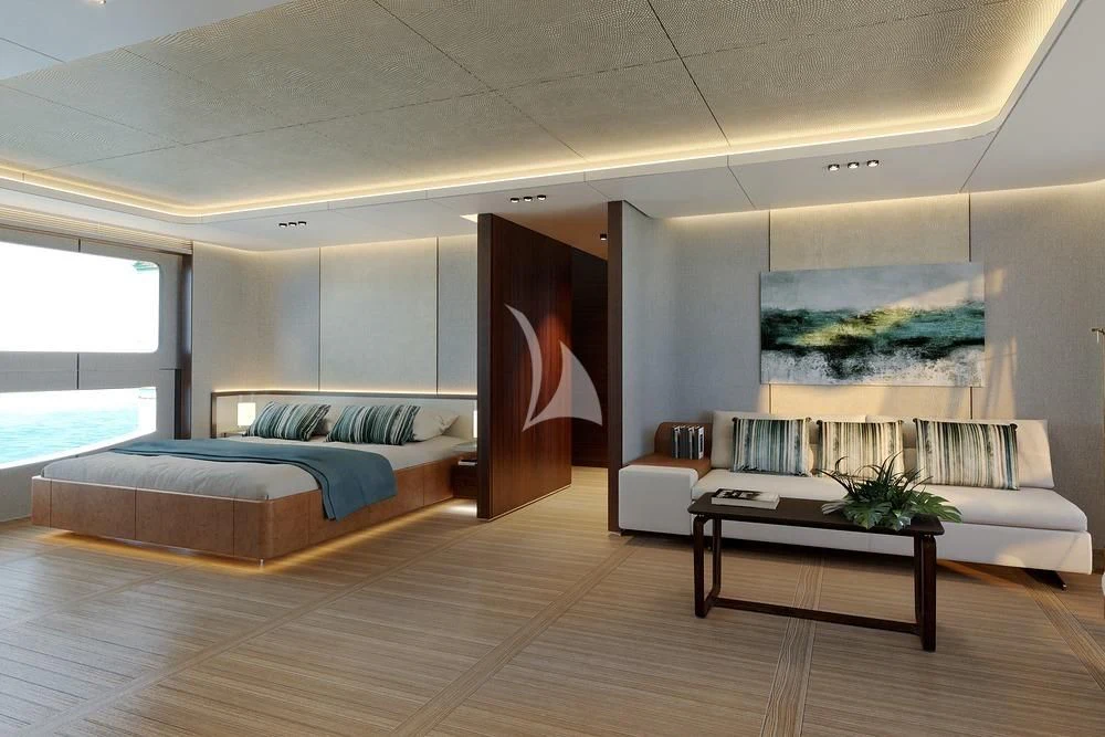 a living room with a couch and a table aboard TOSUN Yacht for Sale