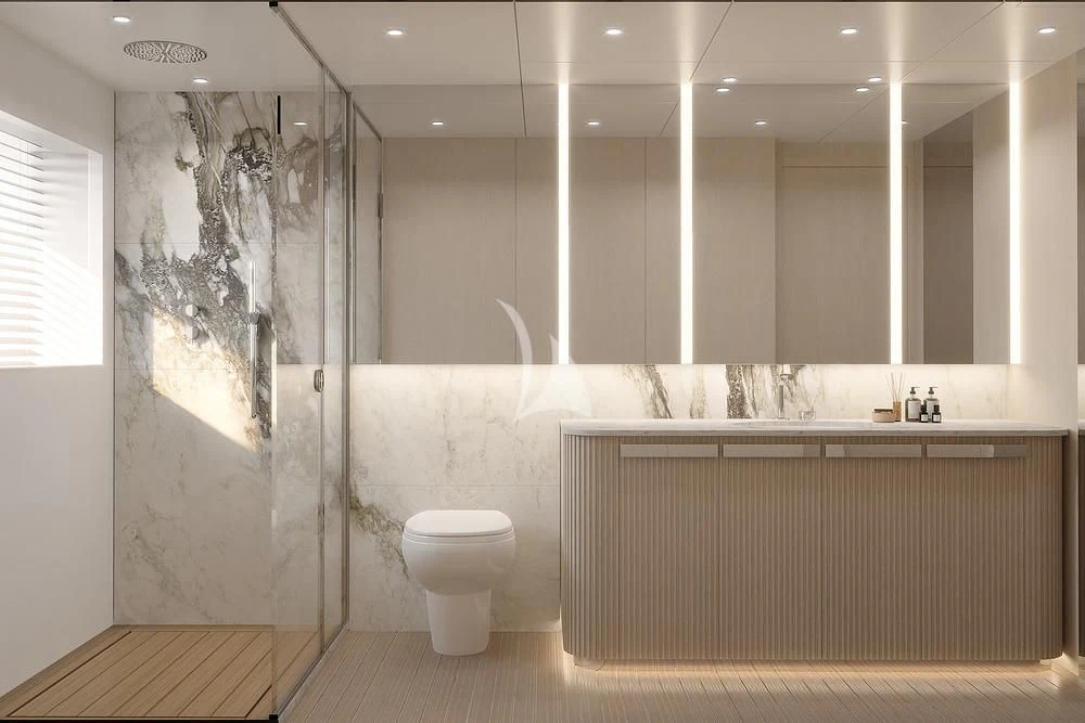 a bathroom with a glass shower aboard TOSUN Yacht for Sale