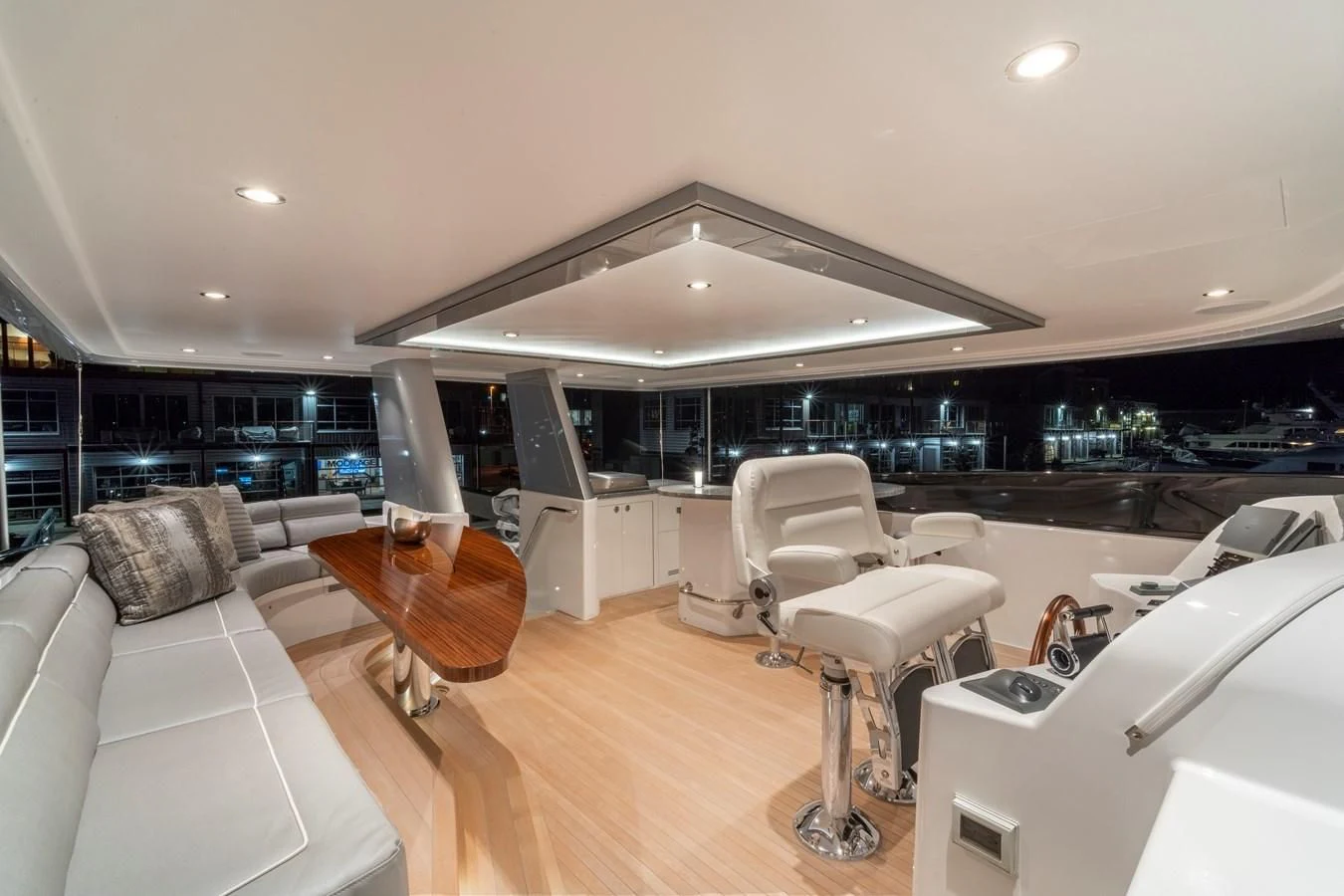 a large room with a large open roof aboard WESTPORT 112 #7766 Yacht for Sale