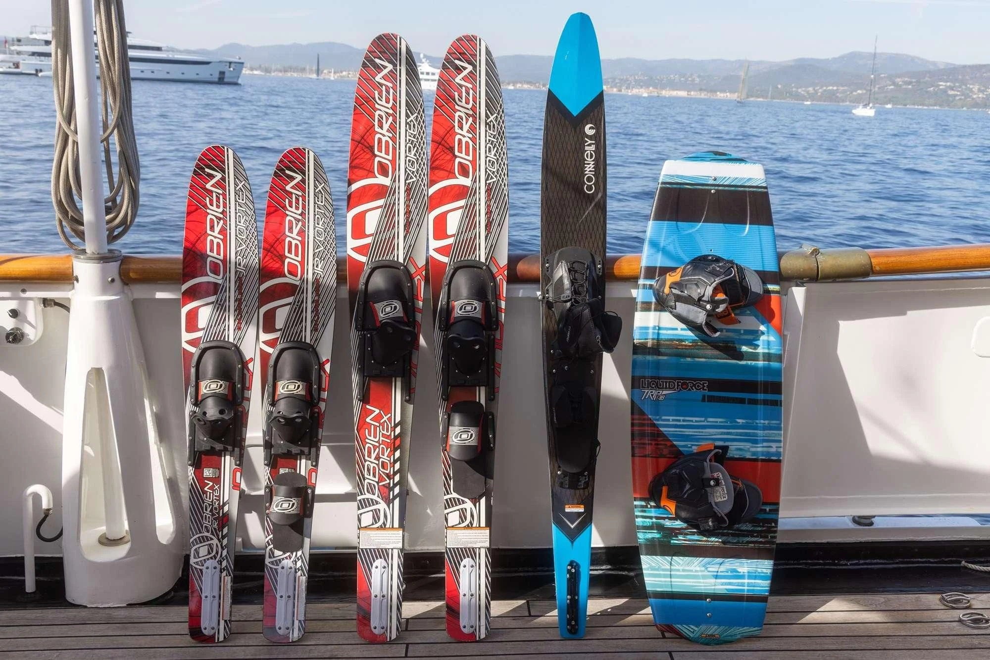 a group of surfboards on a boat aboard TRINAKRIA Yacht for Charter