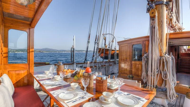 a table with food and drinks on it aboard TRINAKRIA Yacht for Charter
