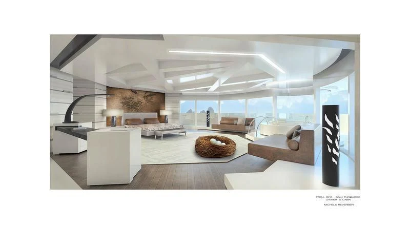 a room with a large window aboard TURQUOISE VY80 Yacht for Sale