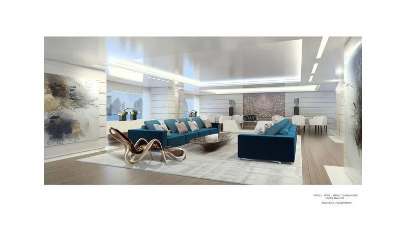 a modern living room aboard TURQUOISE VY80 Yacht for Sale