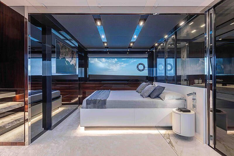 a bed in a room aboard GREY SHARK Yacht for Sale