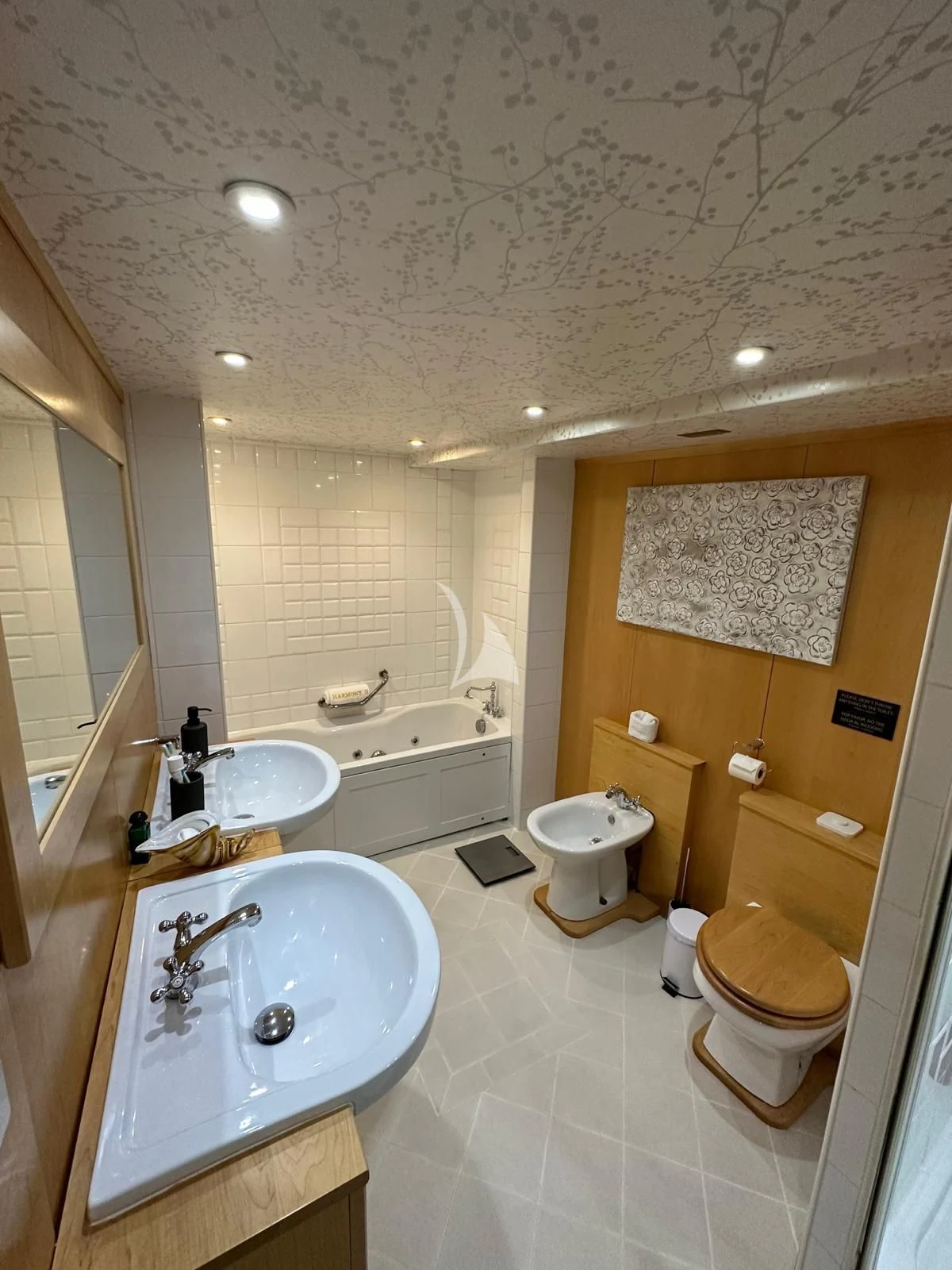 a bathroom with a sink toilet and bathtub aboard HARMONY II Yacht for Sale