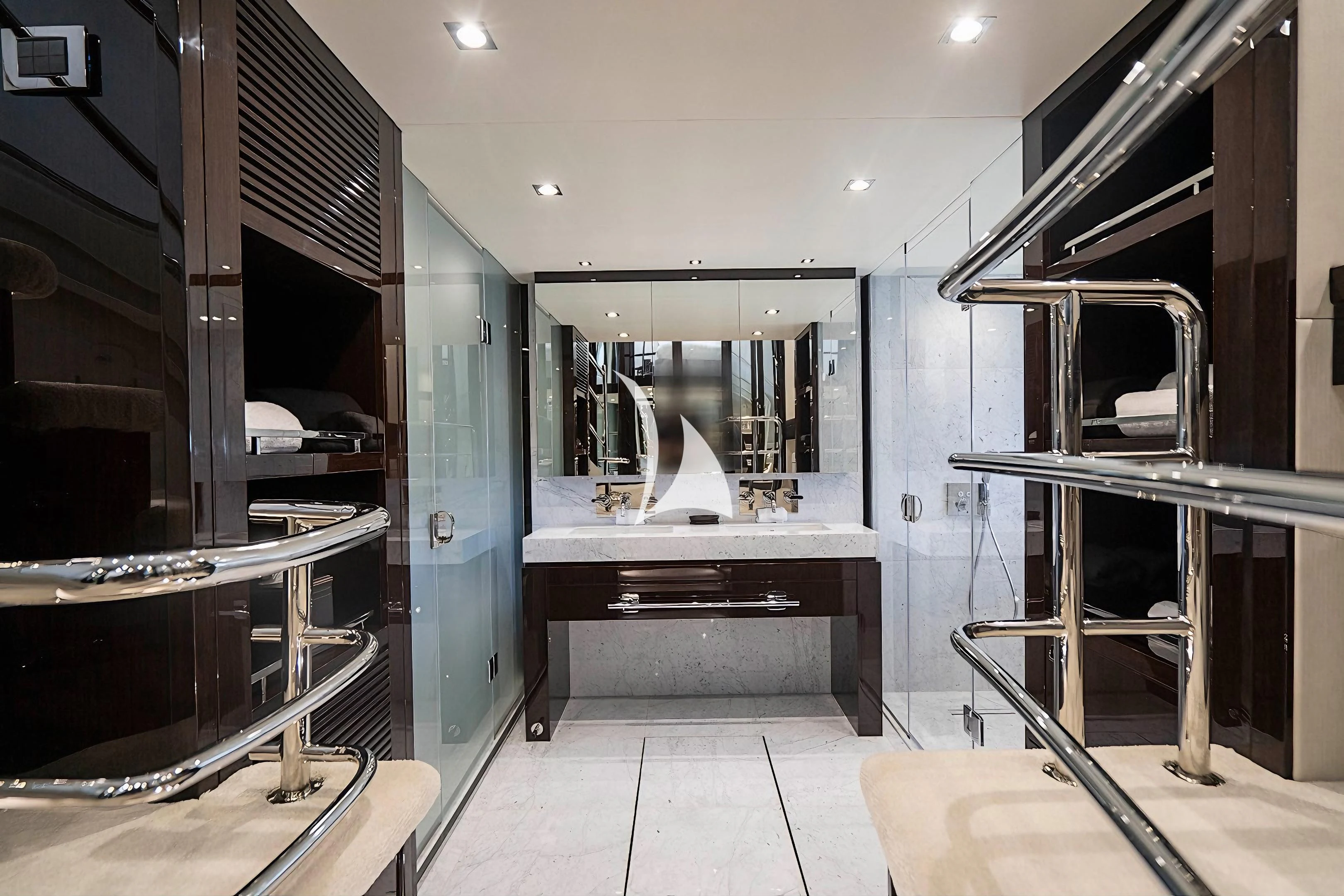 a room with a large mirror and a sink aboard QUANTUM Yacht for Sale