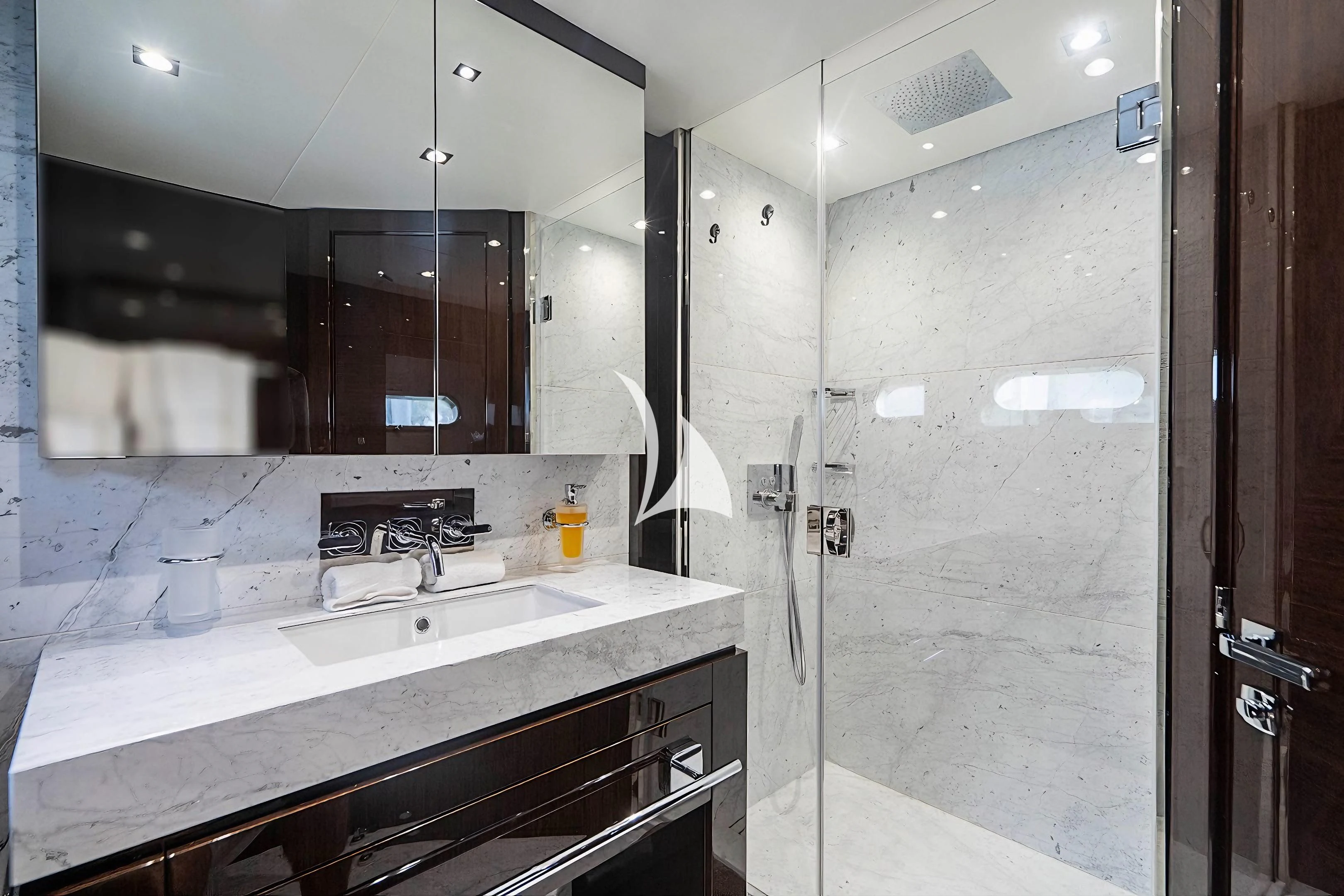 a bathroom with a large mirror aboard QUANTUM Yacht for Sale