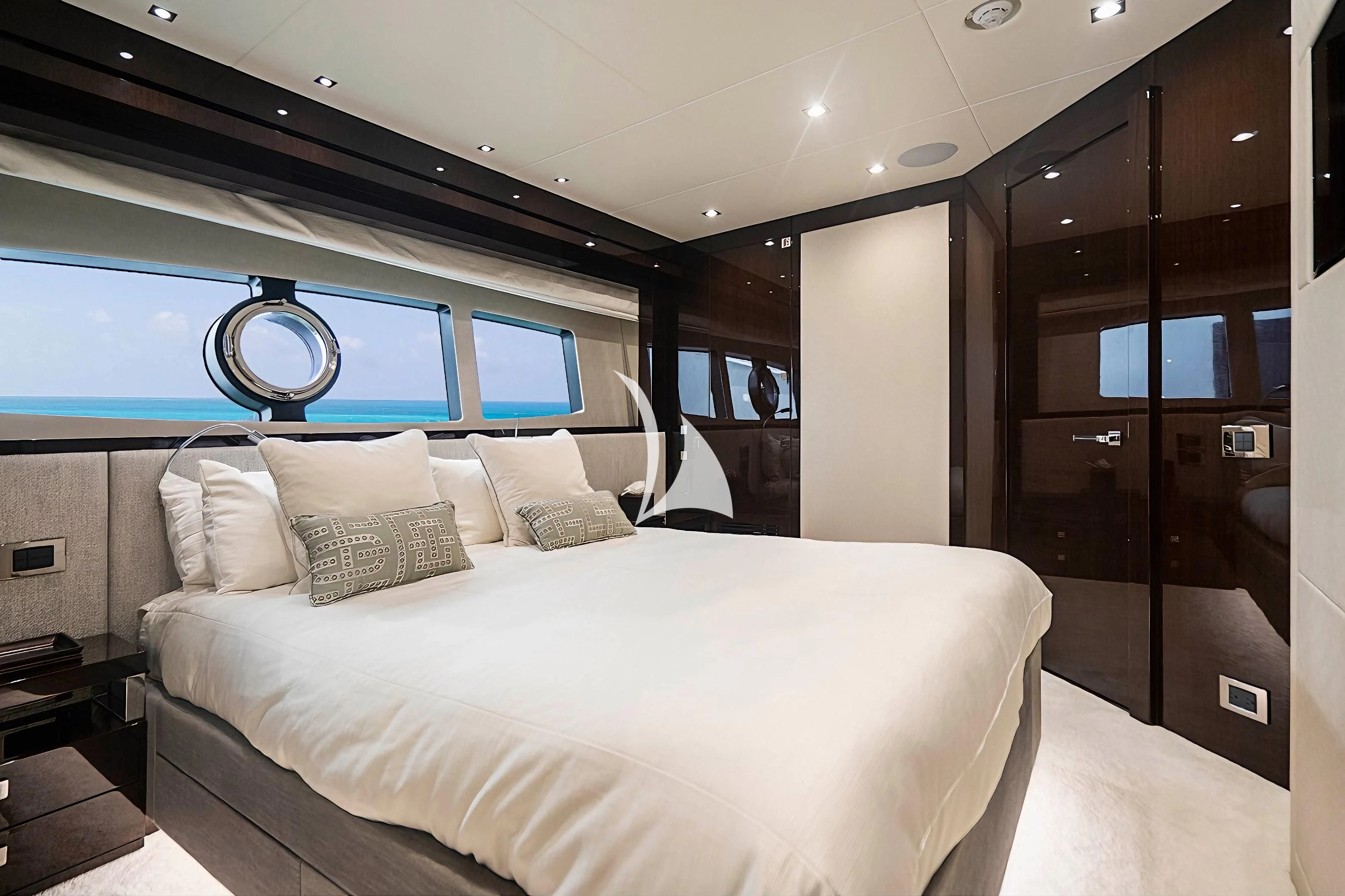 a bed in a room aboard QUANTUM Yacht for Sale