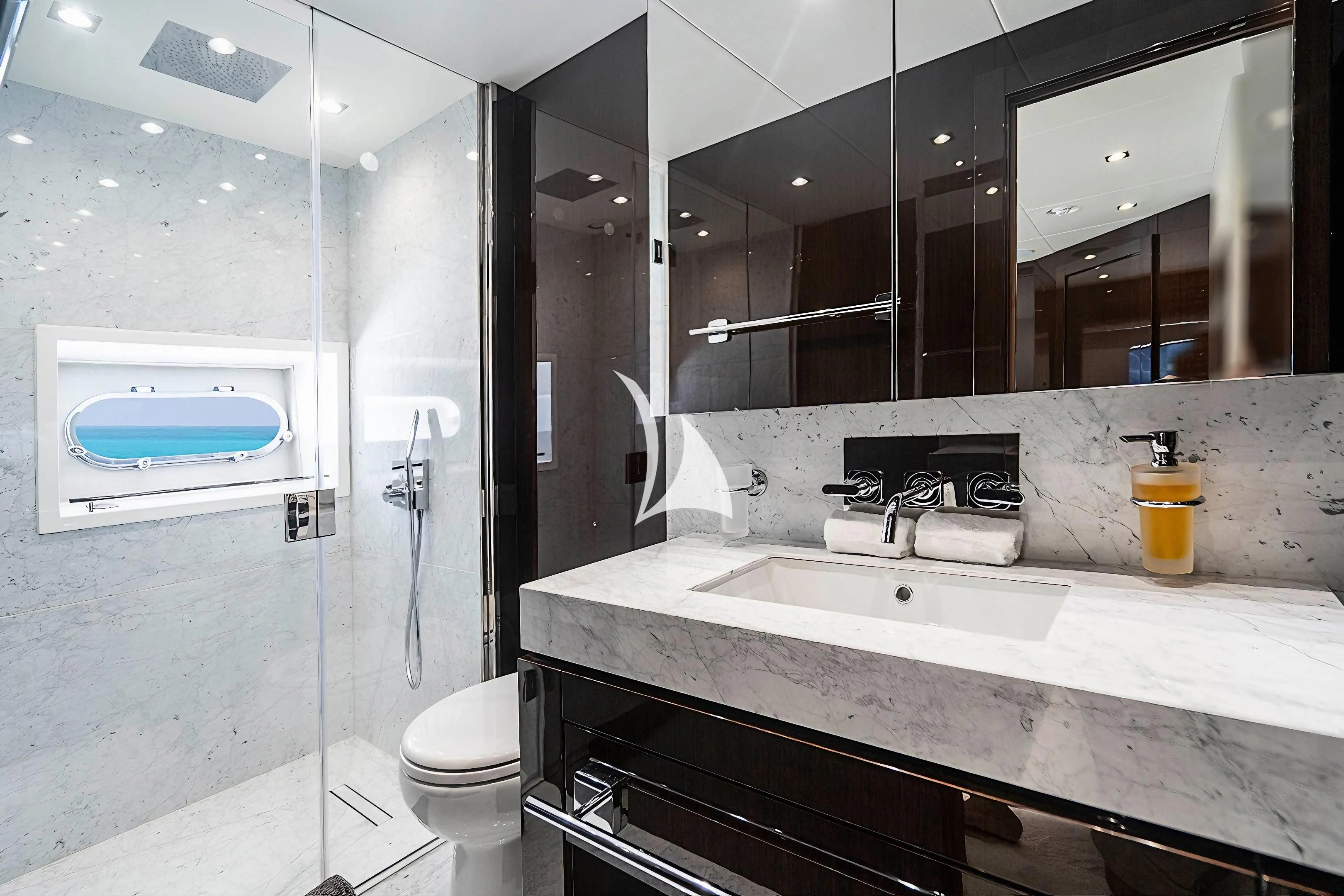 a bathroom with a sink and a toilet aboard QUANTUM Yacht for Sale