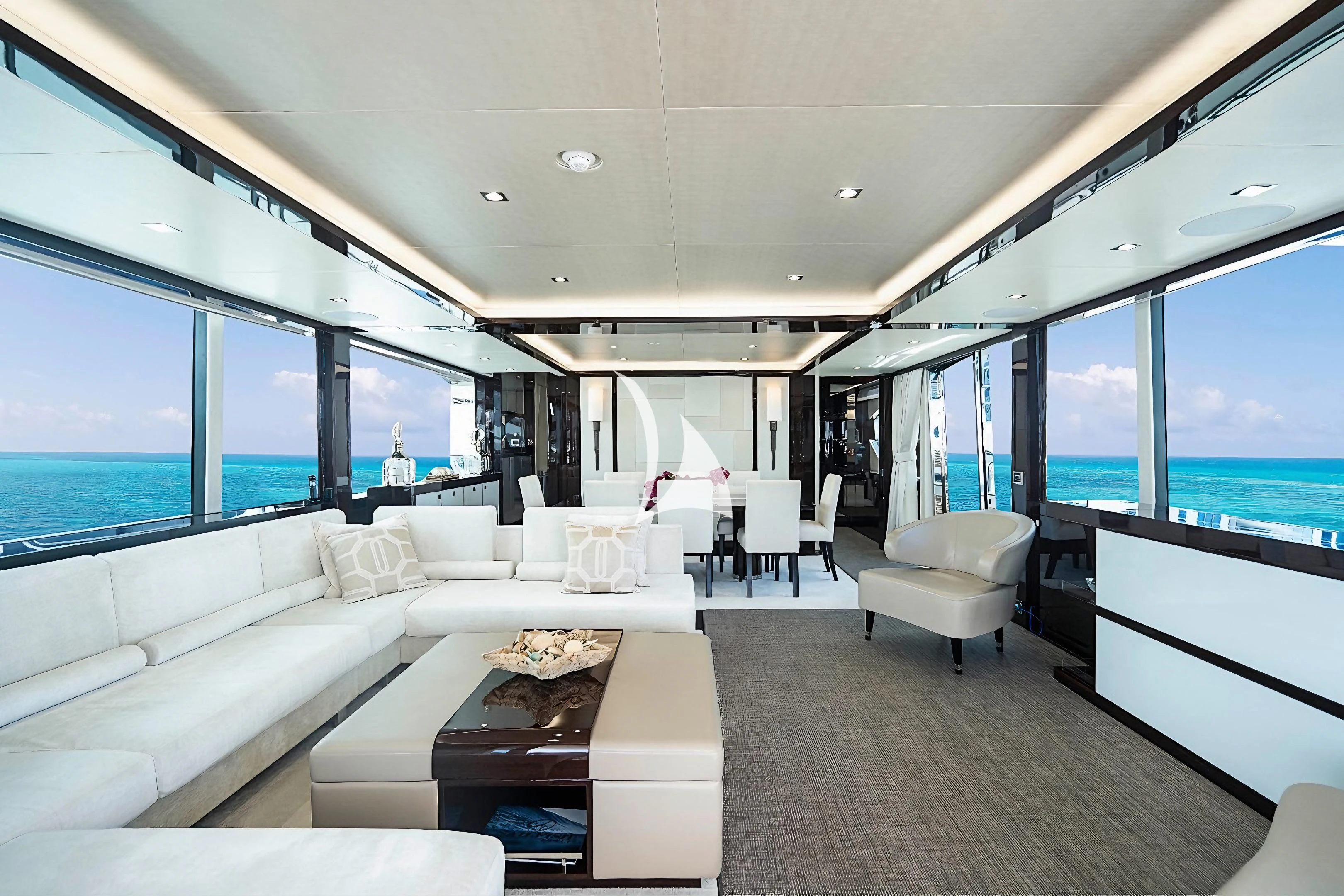a living room with a large window aboard QUANTUM Yacht for Sale