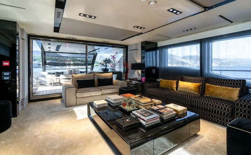 a living room with a large window aboard SAFFURIYA Yacht for Sale