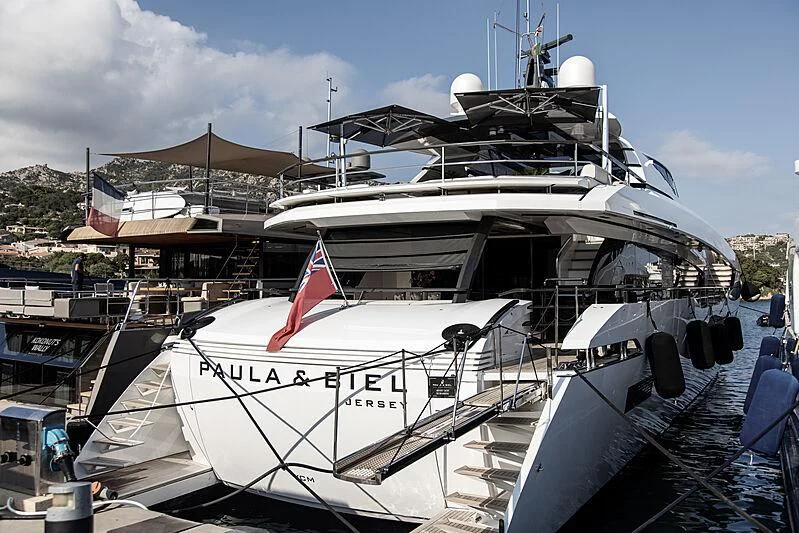 a large white boat docked aboard SAFFURIYA Yacht for Sale