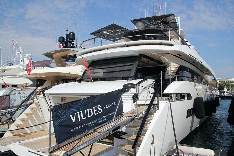 a large white boat with a sign on the front aboard SAFFURIYA Yacht for Sale