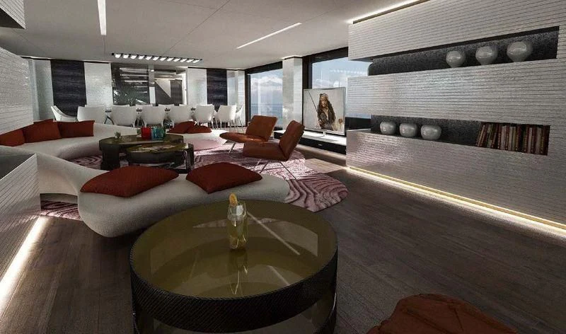 a living room with a large mirror aboard OCEAN PARADISE Yacht for Sale
