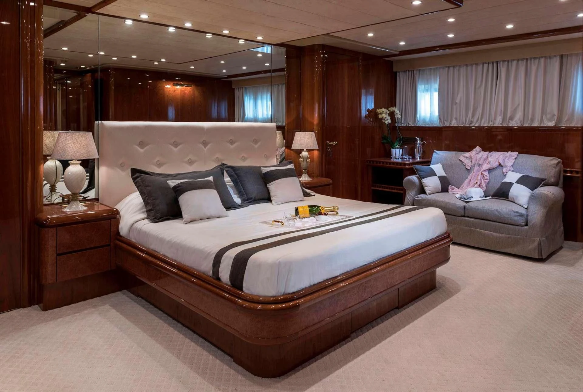 a large bed in a room aboard SUGAR Yacht for Sale