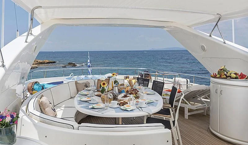 a table set for a meal on a boat aboard SUGAR Yacht for Sale