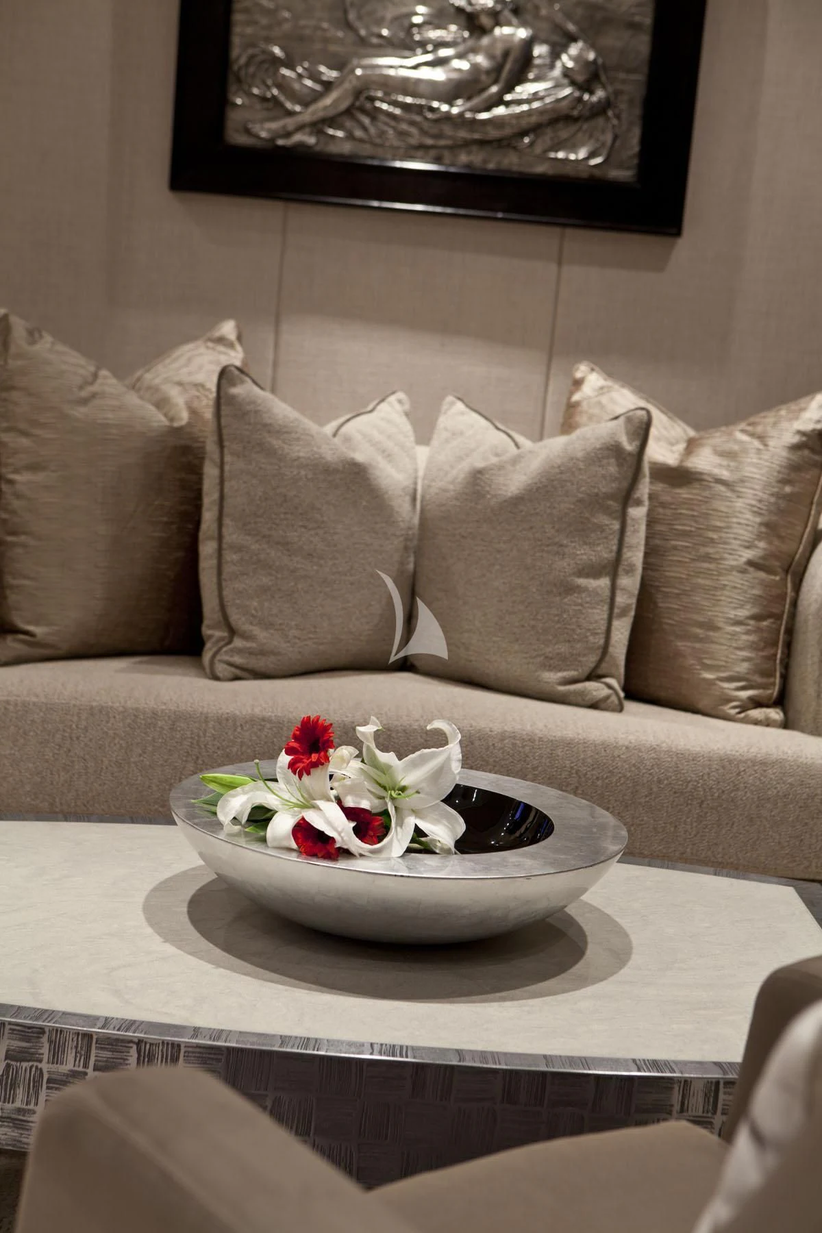 a bowl of flowers on a table aboard HURRICANE RUN Yacht for Charter