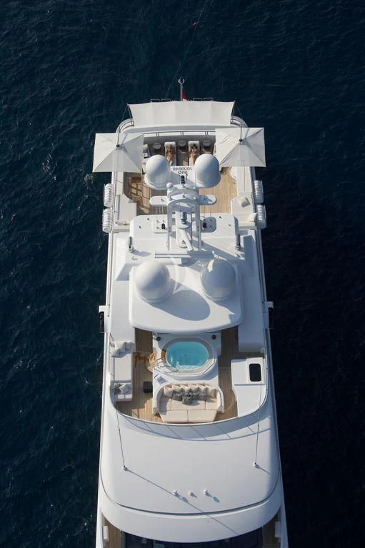 a space ship with a satellite dish aboard HURRICANE RUN Yacht for Charter