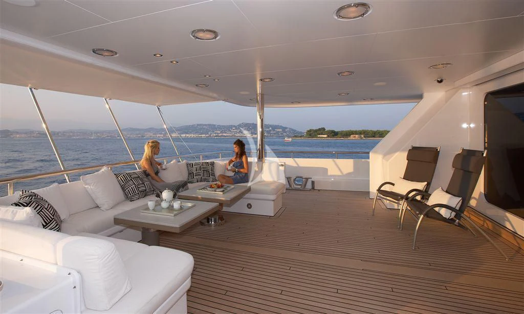 a couple of women sitting on a couch in a living room aboard HURRICANE RUN Yacht for Charter