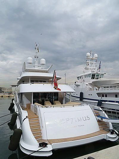 a boat docked at a pier aboard KNIGHT Yacht for Charter