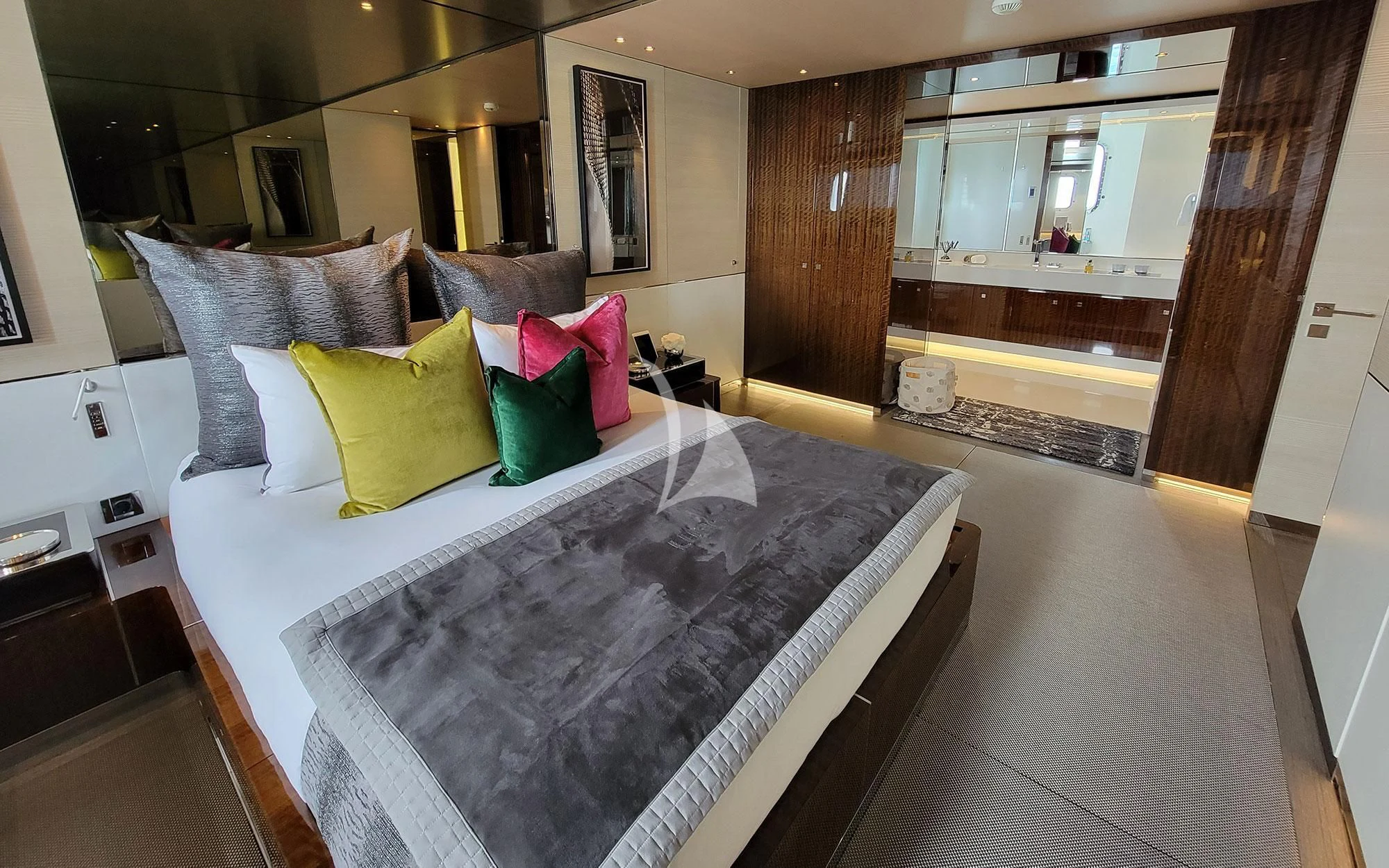 a bed in a hotel room aboard KNIGHT Yacht for Charter