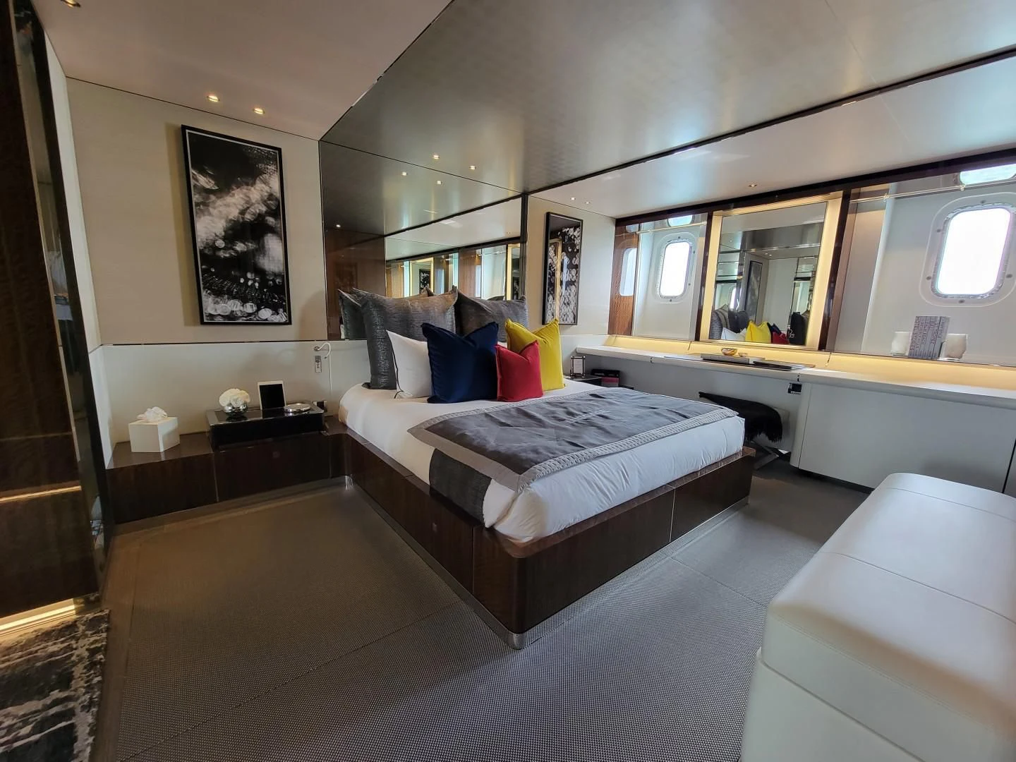 a bed in a room aboard KNIGHT Yacht for Charter