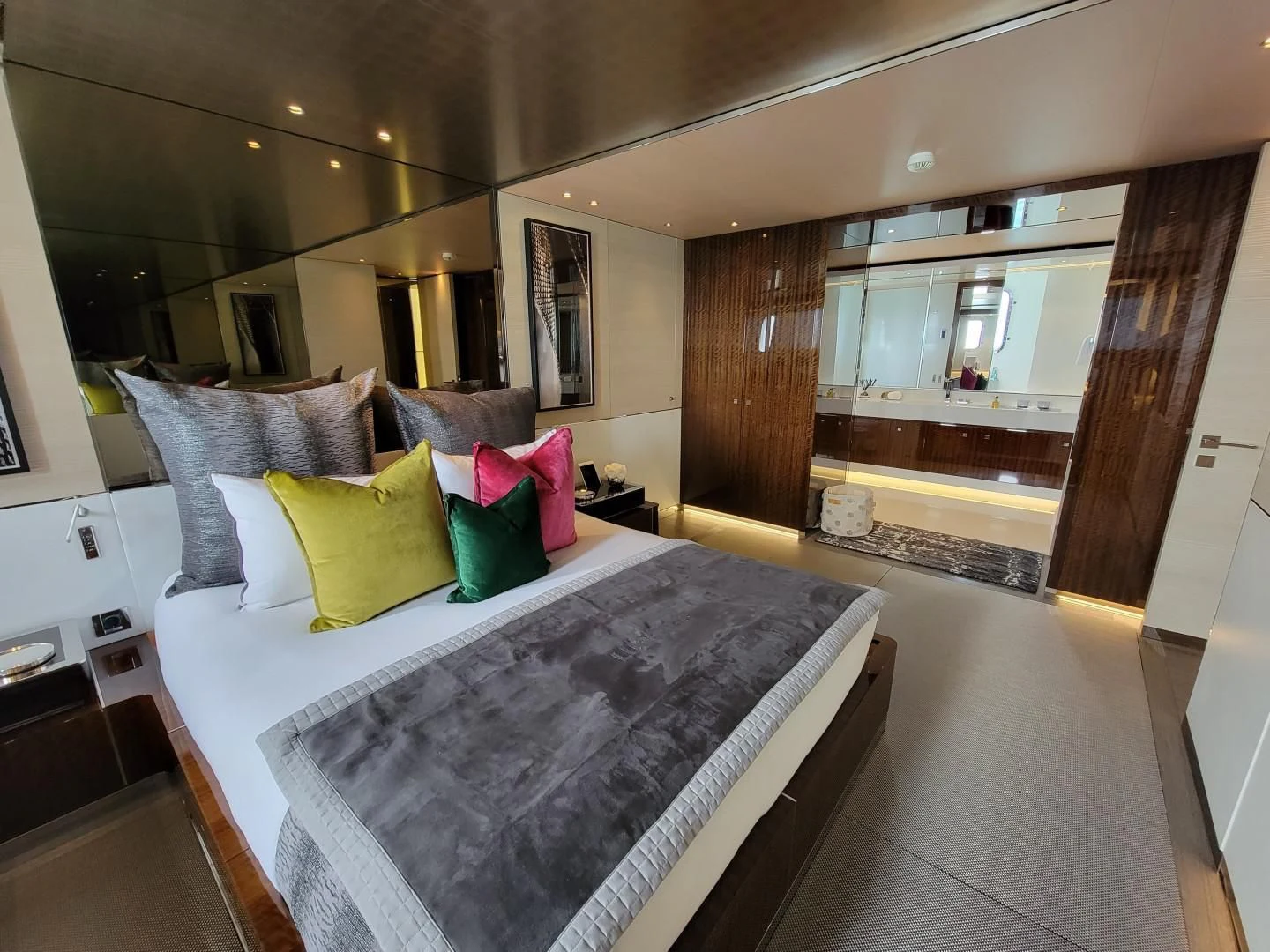 a bed in a room aboard KNIGHT Yacht for Charter