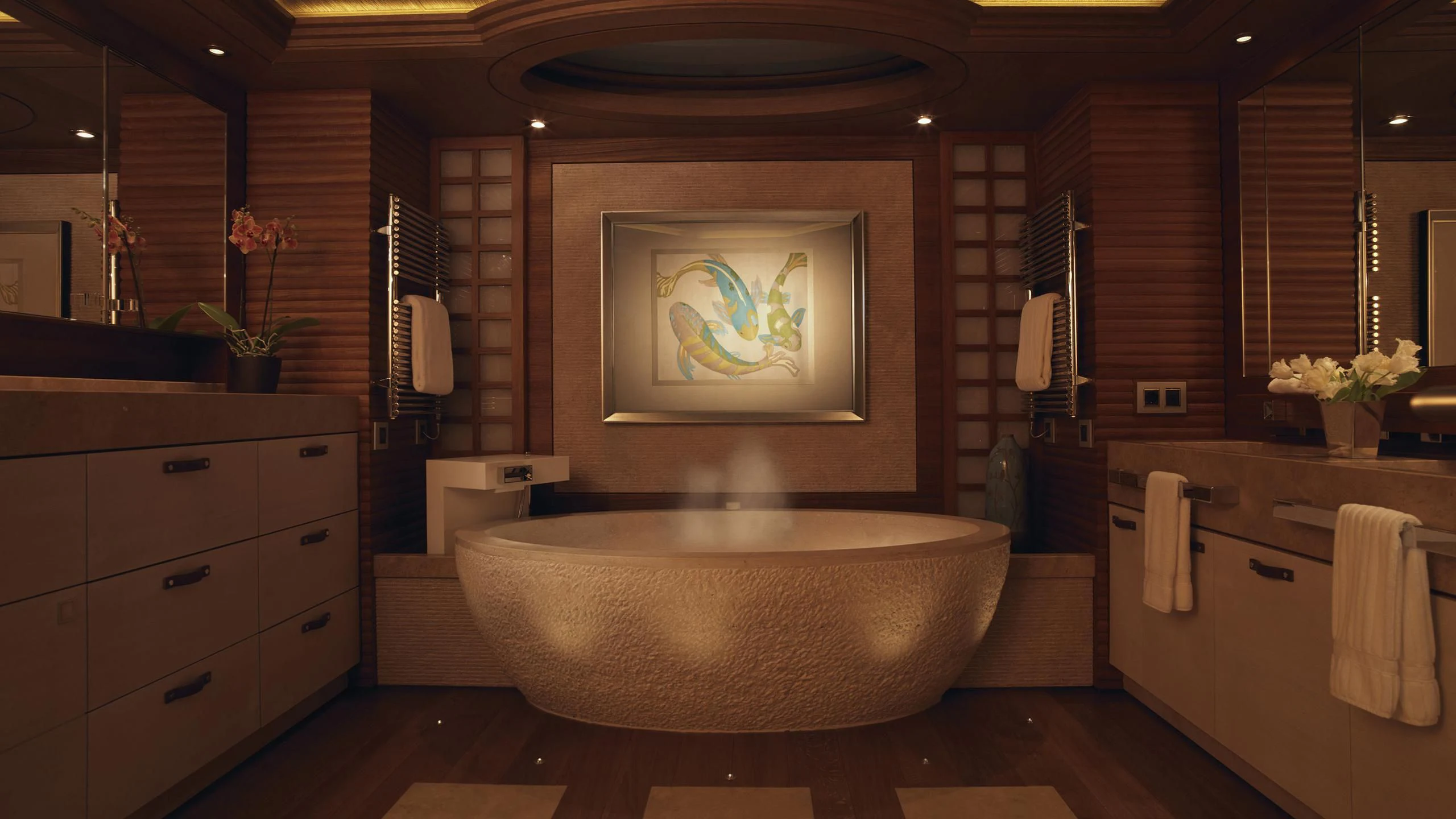 a bathroom with a large bathtub aboard NAIA Yacht for Sale