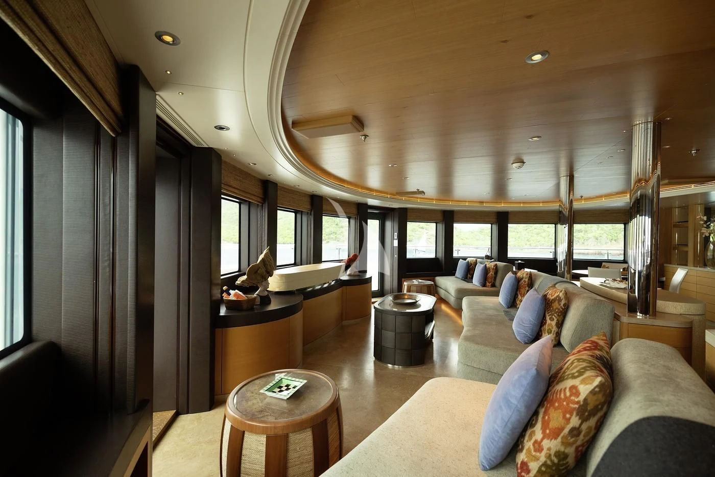 a living room with a large window aboard NAIA Yacht for Sale