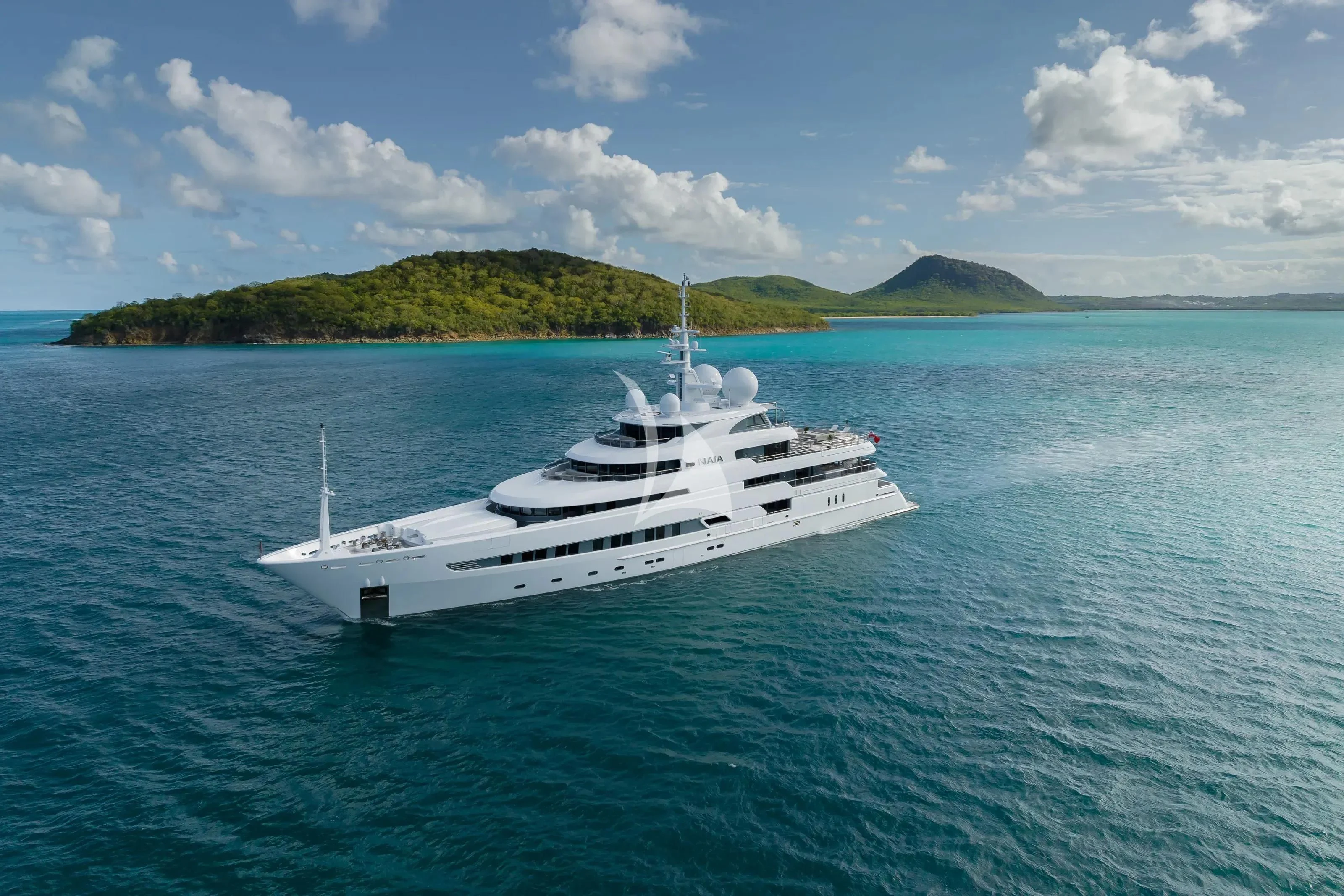 a boat in the water aboard NAIA Yacht for Sale