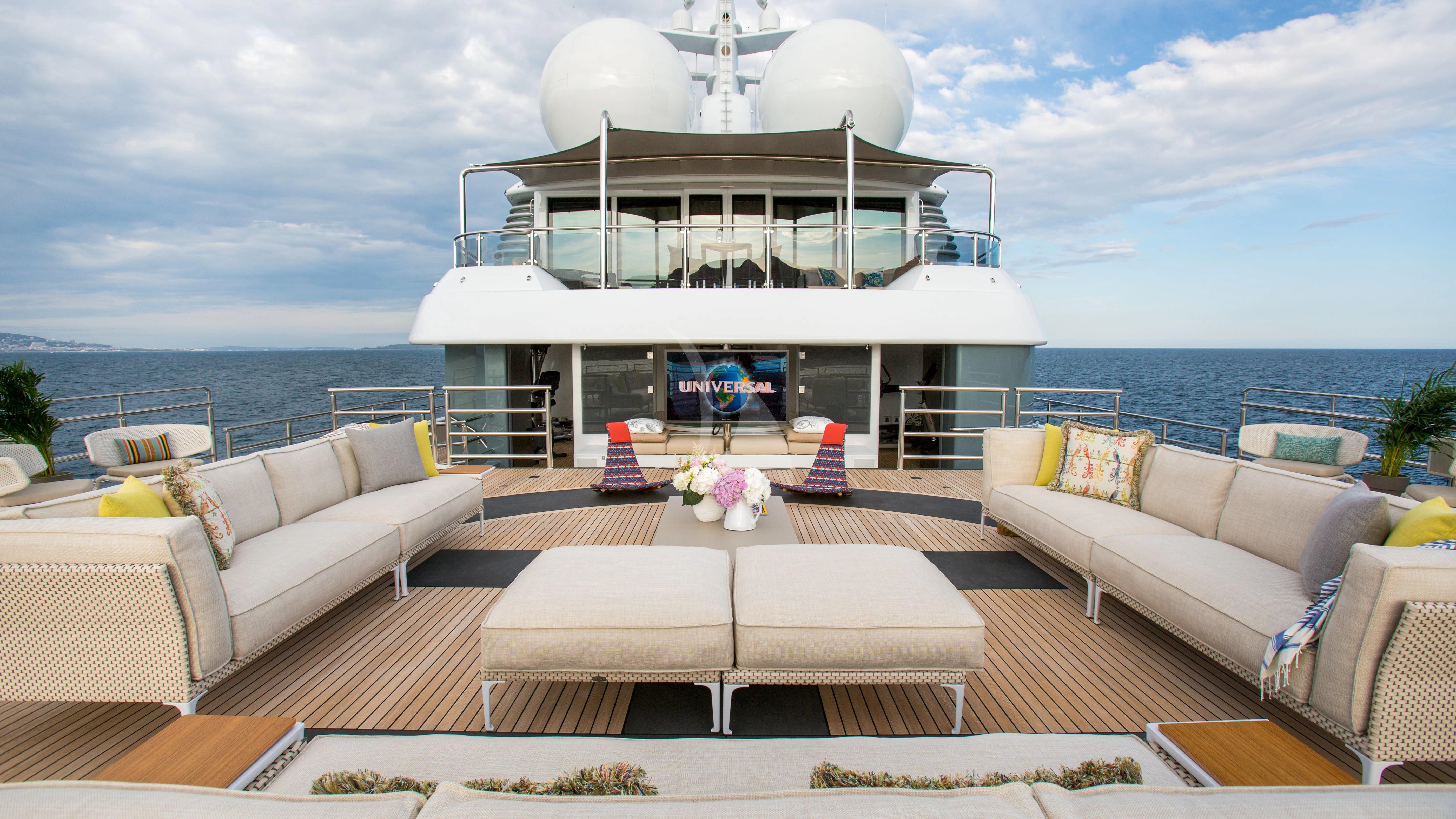 a large white boat on a large body of water aboard NAIA Yacht for Sale