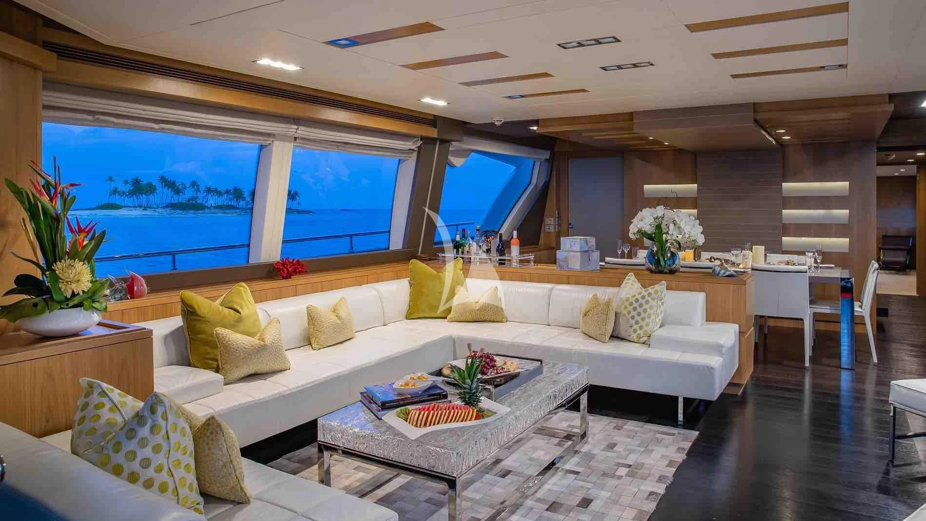 a living room with a large window aboard ONE AND ONLY Yacht for Sale