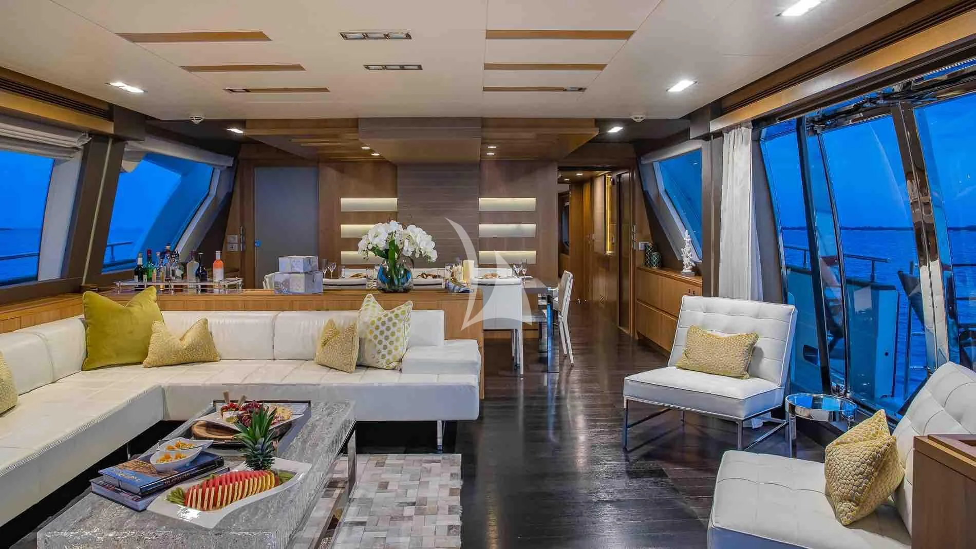 a living room with a large window aboard ONE AND ONLY Yacht for Sale