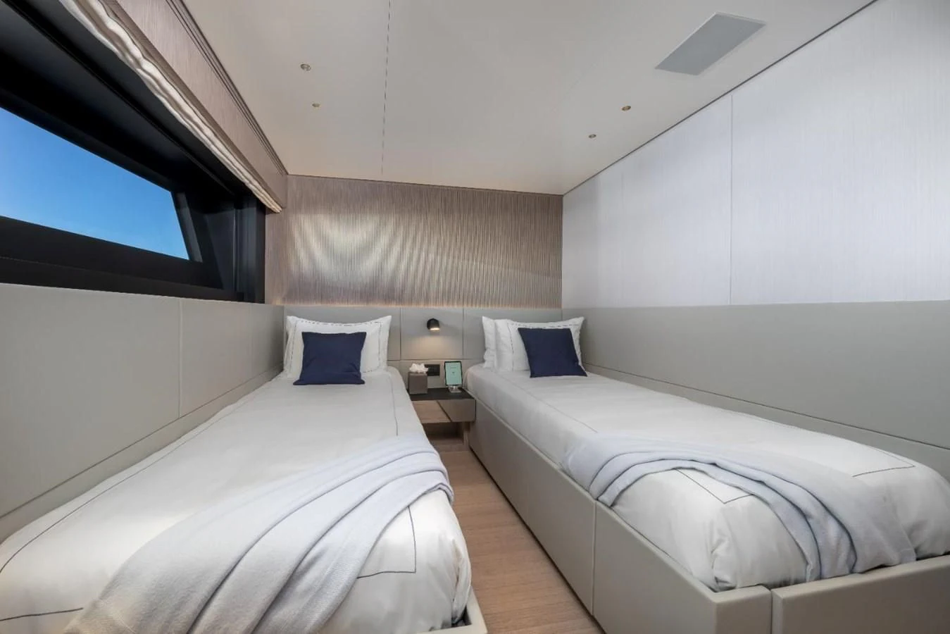 a couple of beds in a room aboard SEAESTA Yacht for Sale