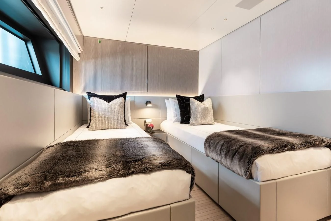 a couple of beds in a room aboard SEAESTA Yacht for Sale
