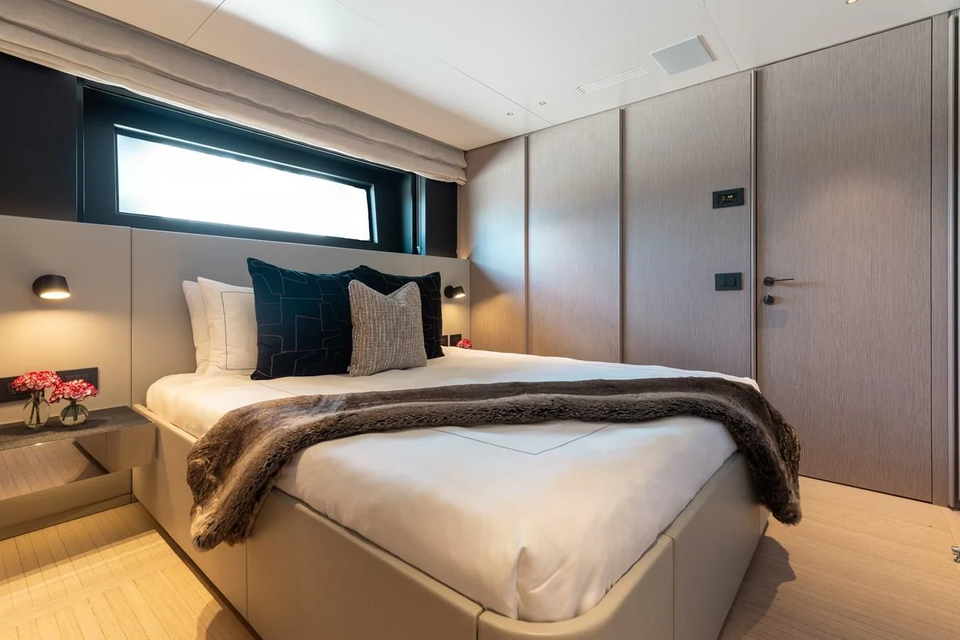 a bed in a room aboard SEAESTA Yacht for Sale