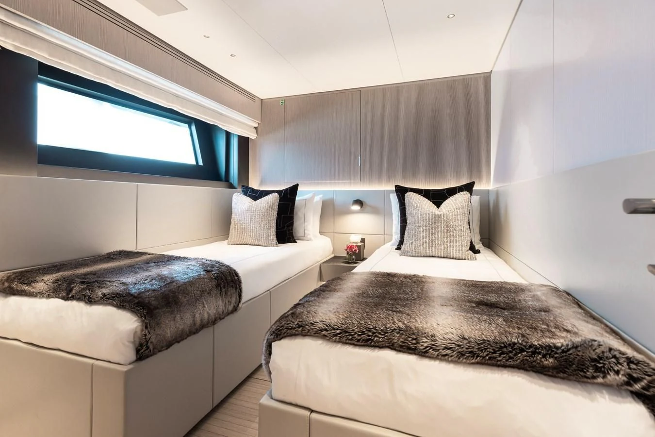 a couple of beds in a room aboard SEAESTA Yacht for Sale