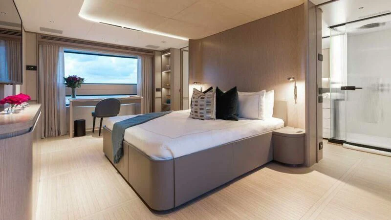 a large bed in a room aboard SEAESTA Yacht for Sale