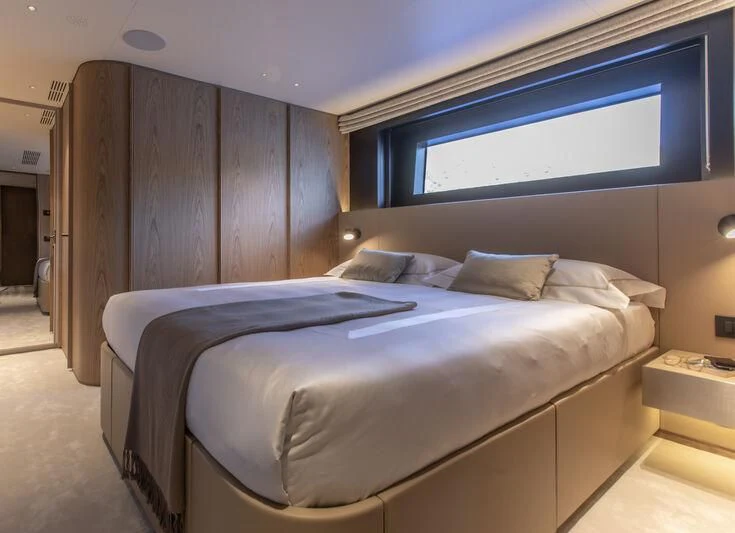 a bed in a room aboard SEAESTA Yacht for Sale